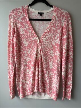 Talbots Pink and Cream V-Neck Patterned Cardigan Sweater light weight s